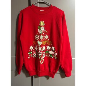 Tultex Christmas Sweater Cat Angel W/ Bears Stockings Star Crewneck Red Medium